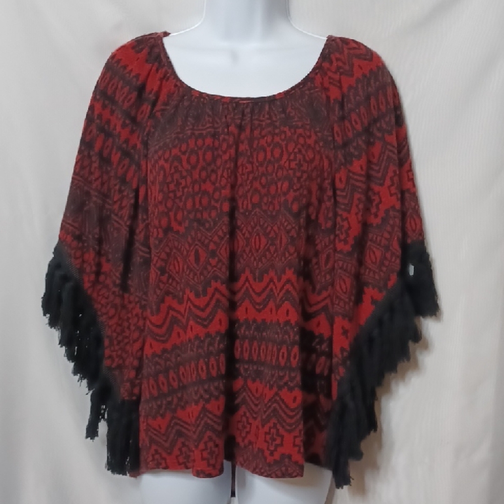 Vava Women's Red & Black Sweater With Black Fringes. Size M